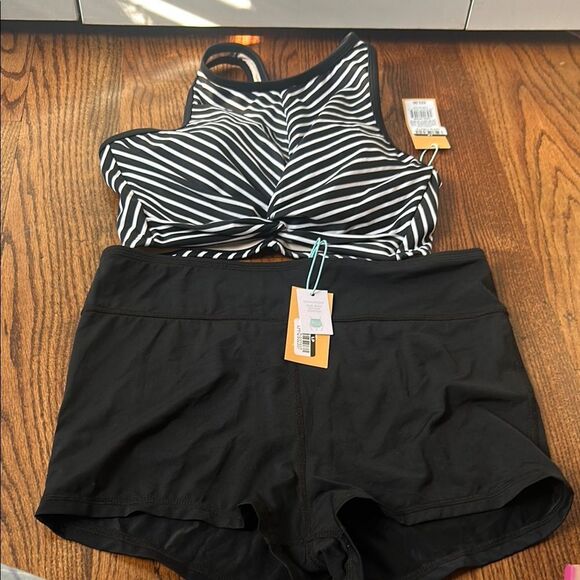 Kona Sol Black and White Striped Bikini Set Size Medium New with Tags - Picture 1 of 6